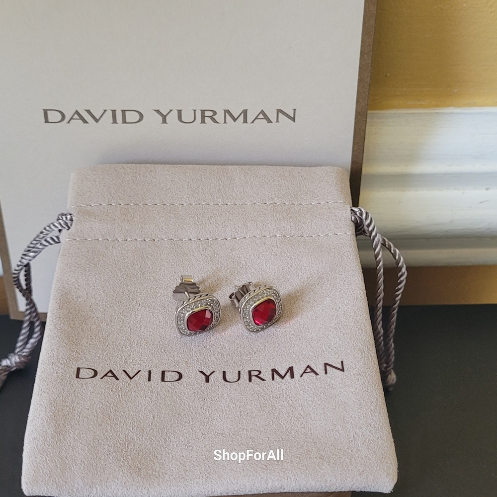 David Yurman Sterling Silver 7mm Albion Stud Earrings Garnet with Diamonds - Picture 2 of 7